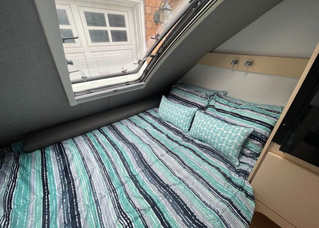 Queen size Bed inside our Teardrop Trailer