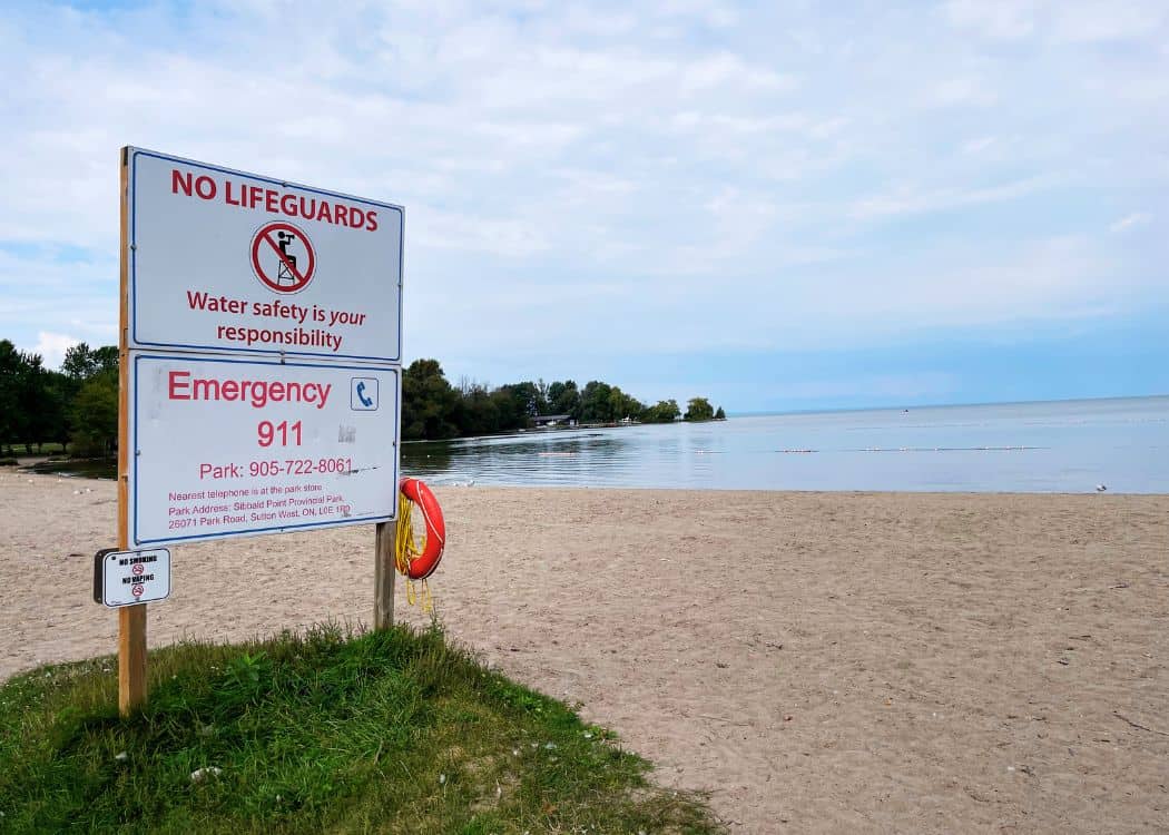 Sibbald Point Park - No Lifeguards Sign at the beach