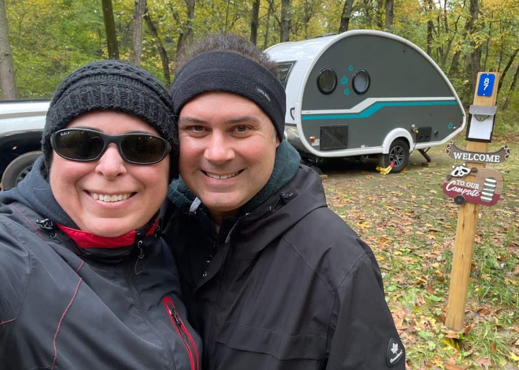 Turkey Point Provincial Park - Hubby and I in front of Our Teardrop Trailer