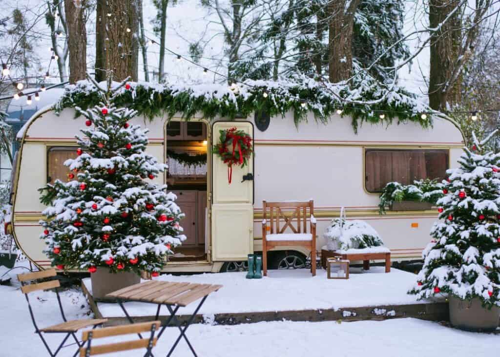 Camper in Winter decorated for Christmas