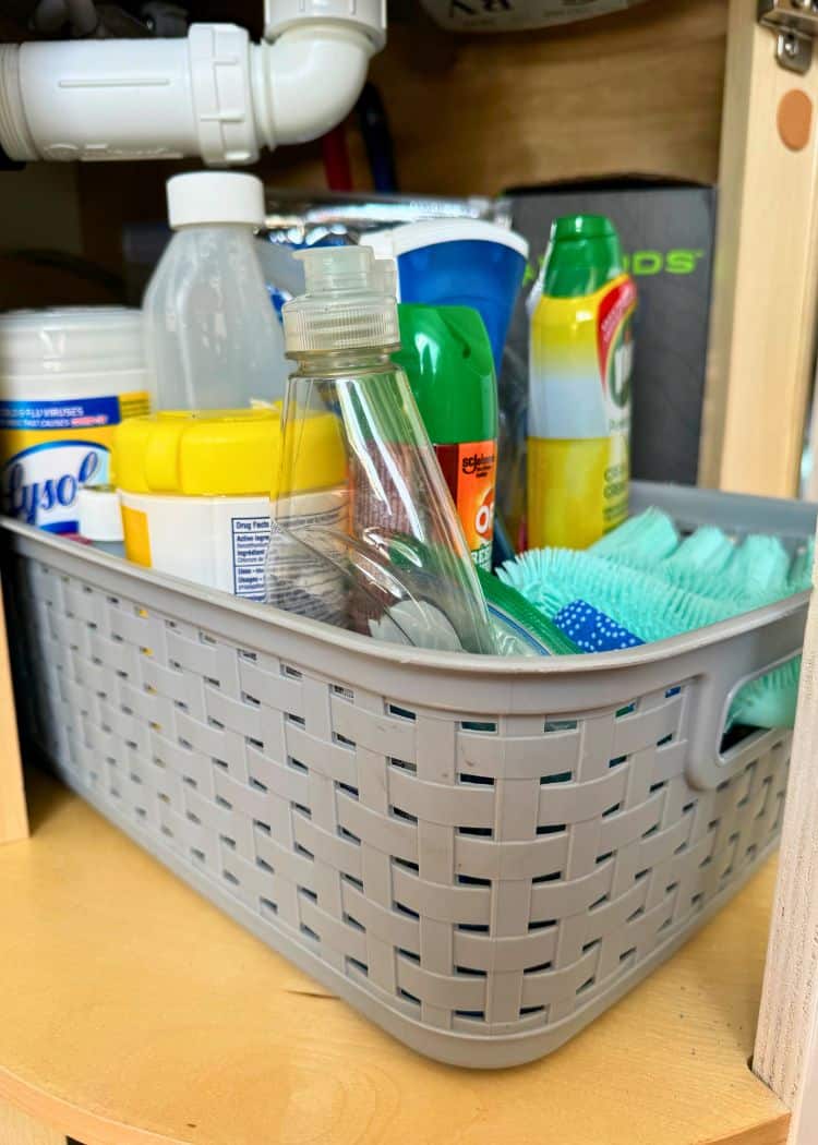 Storage - Basket of cleaning supplies under sink