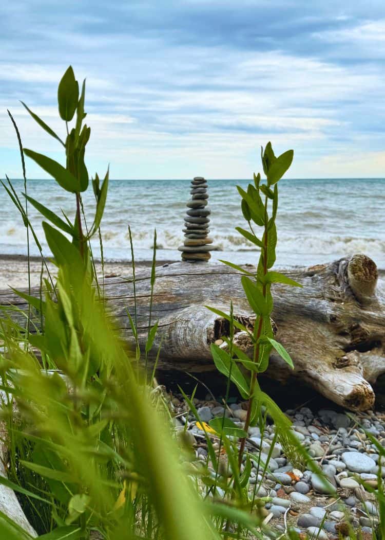 Rock Point - Rocks piled on log on the beach
