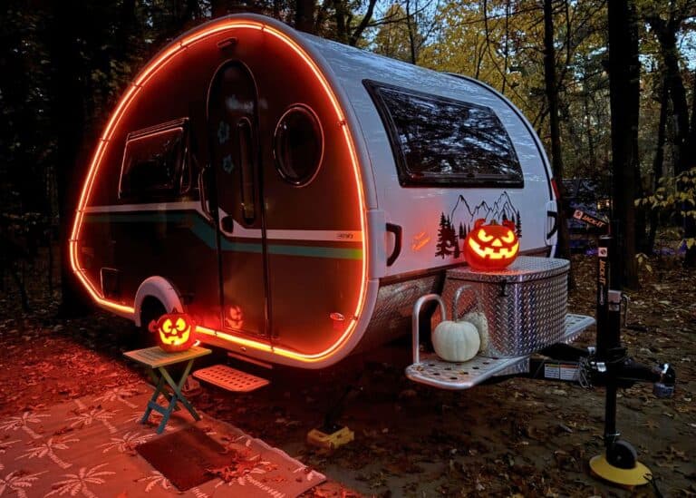 Turkey Point Provincial Park - Nellie in orange neon with two carved pumpkins