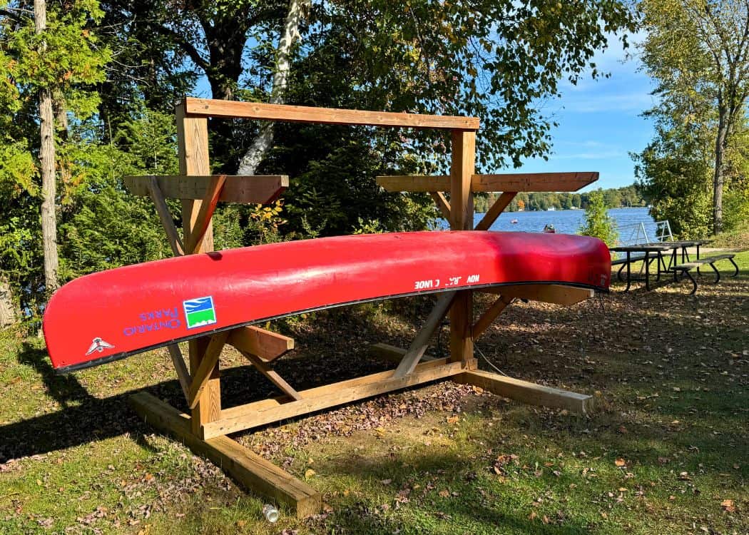 Balsam Lake Provincial Park - Canoe on rack by waterfront