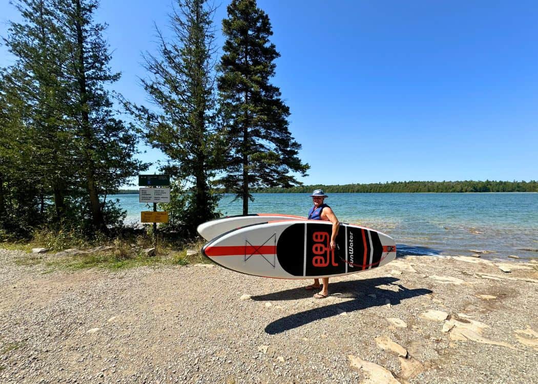 Bruce Peninsula National Park - John with paddleboards at boat launch nearest Birches Campground