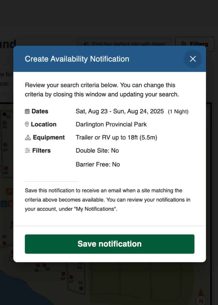 Ontario Provincial Parks - Availability Notification Pop-up
