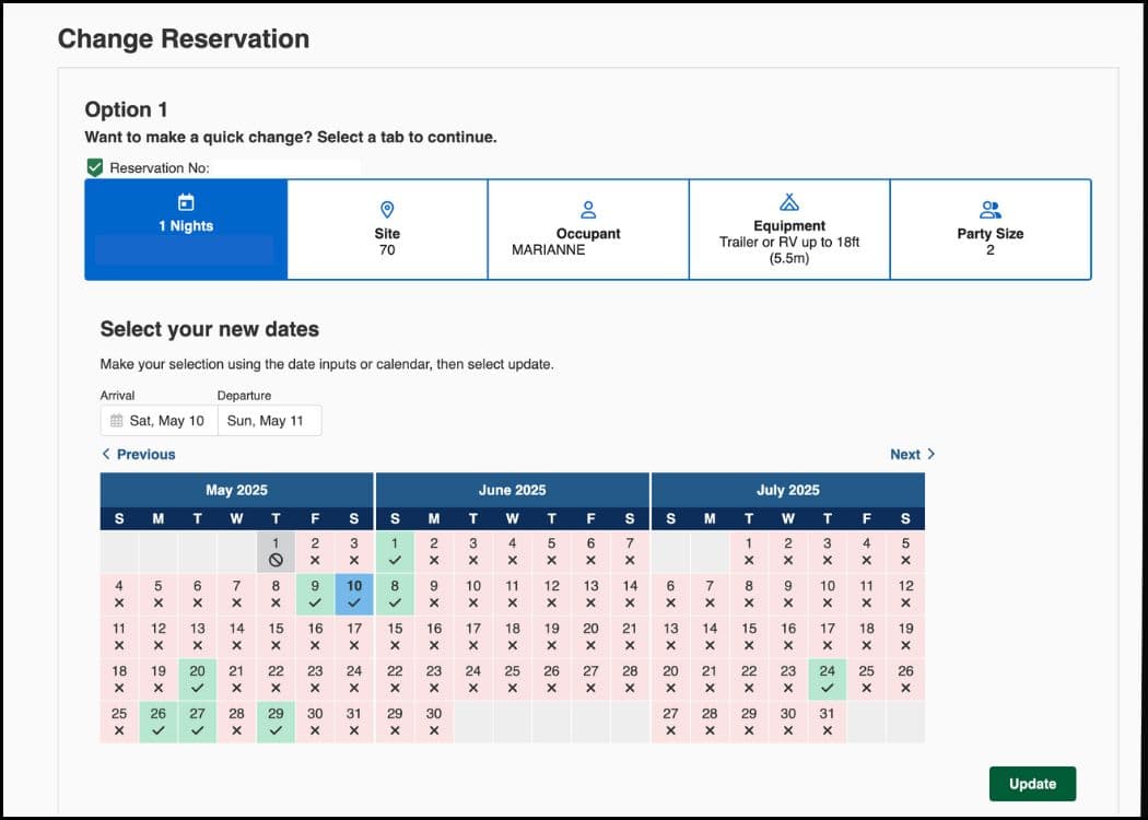 Ontario Provincial Parks - Change Reservation Screen with New Date Selection