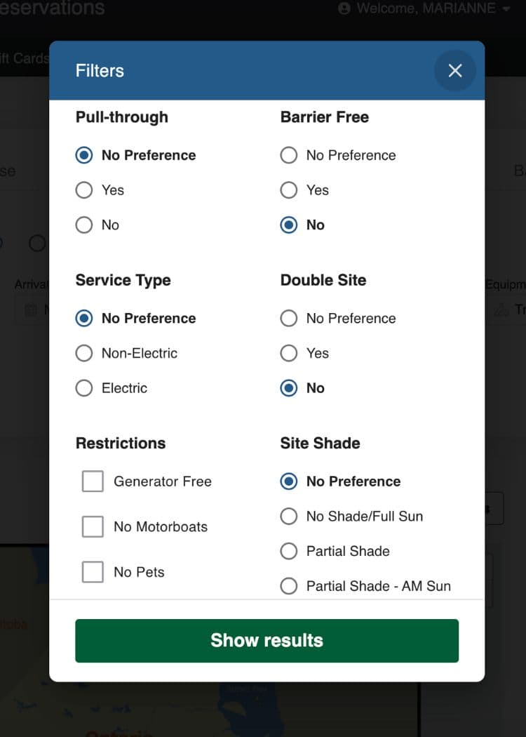 Ontario Provincial Parks - Filters Pop-up