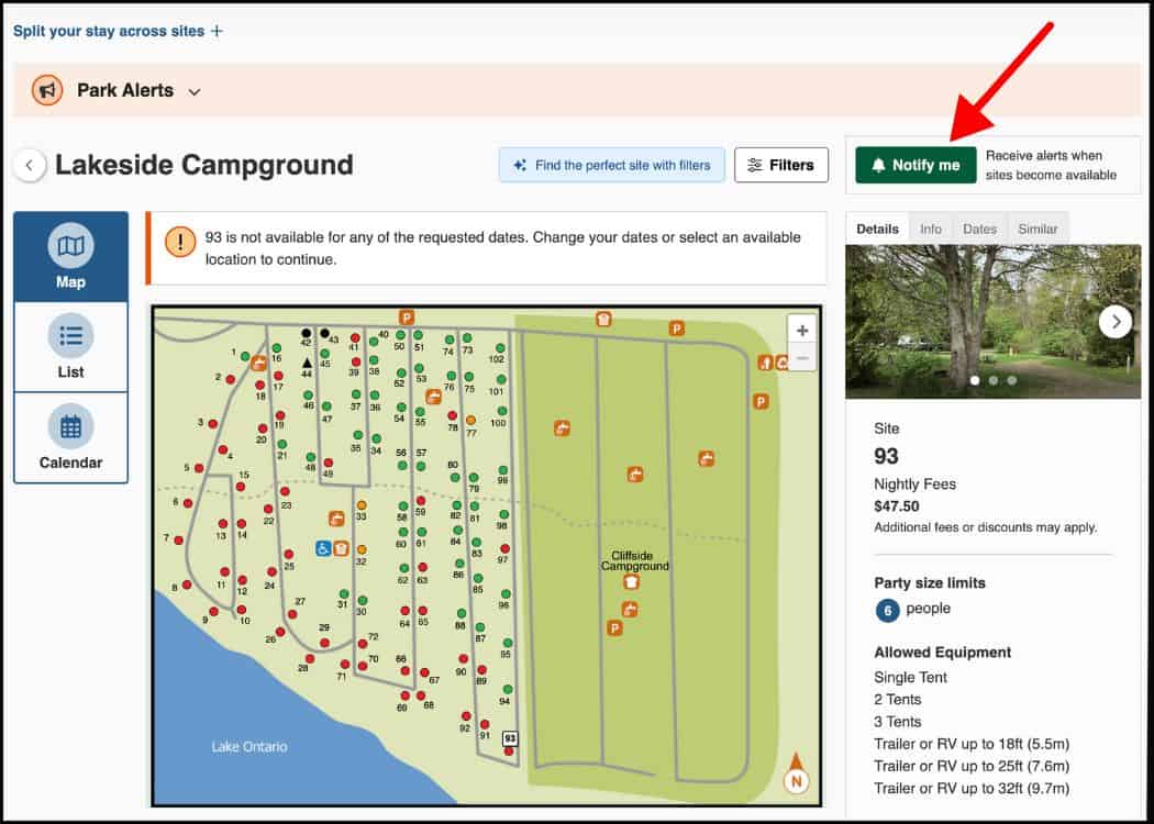 Ontario Provincial Parks - Notify Me Button