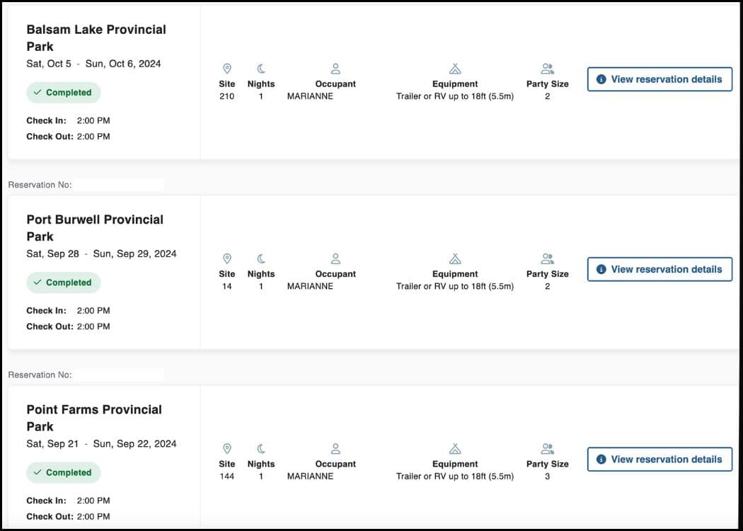 Ontario Provincial Parks - Past Reservations Screen