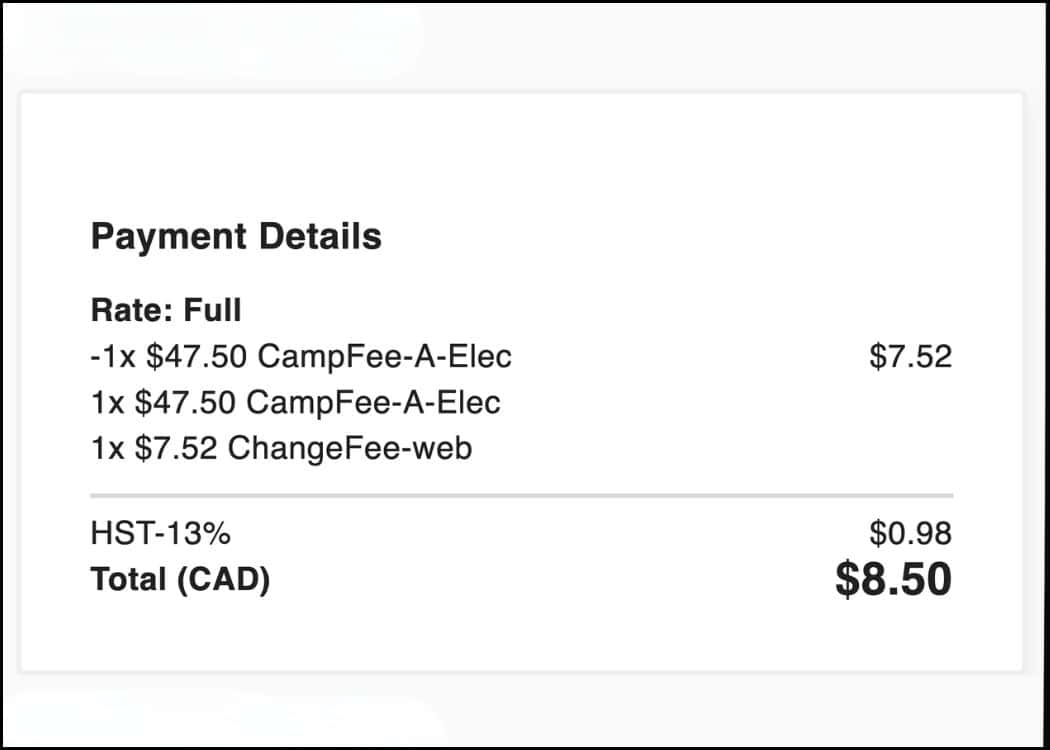 Ontario Provincial Parks - Payment Details with A Change Fee