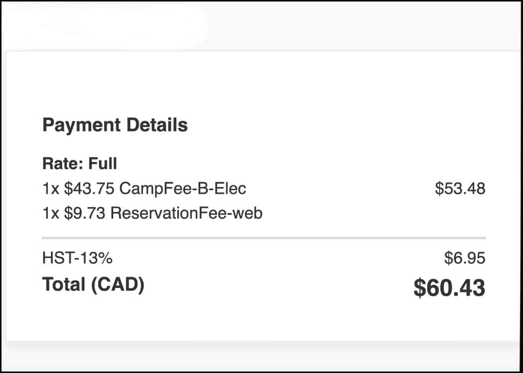 Ontario Provincial Parks - Reservation Fees Breakdown Screen