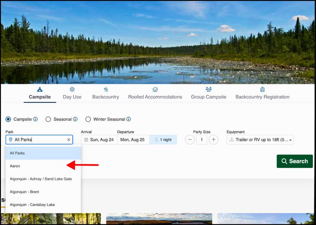 Ontario Provincial Parks - Reservations Page with Park Dropdown