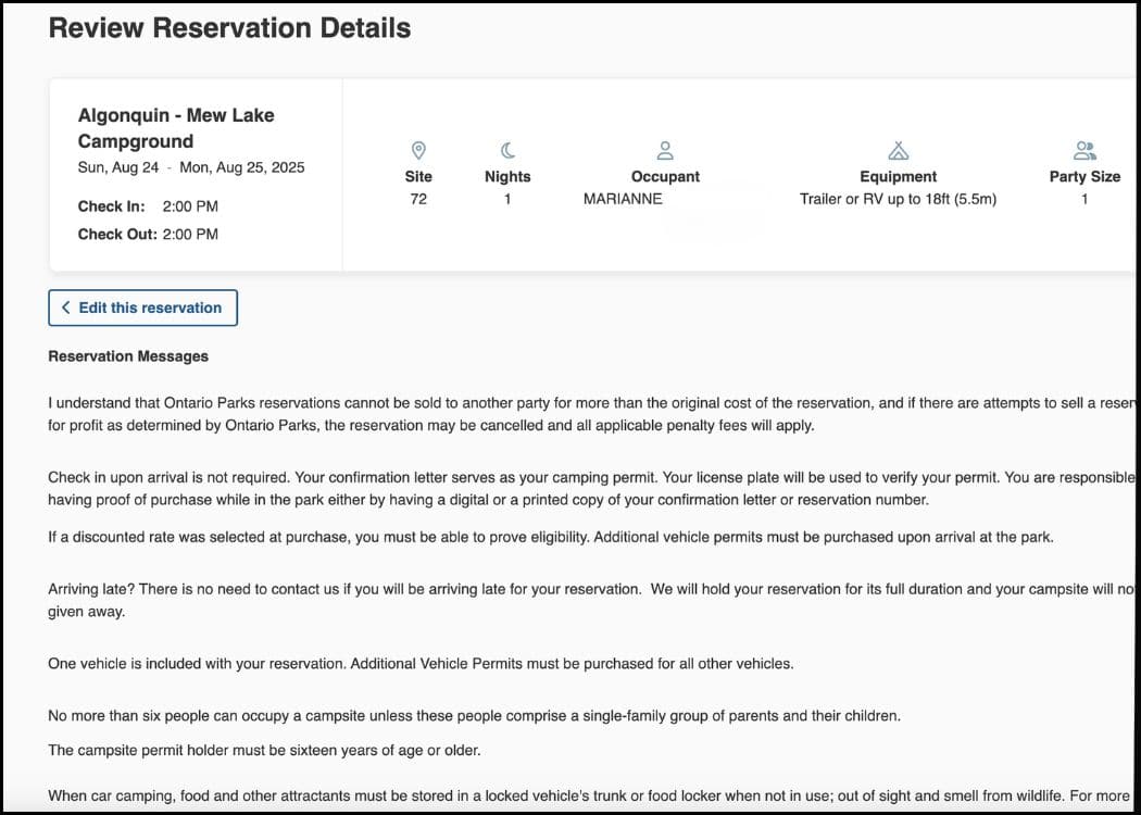 Ontario Provincial Parks - Review Reservation Details