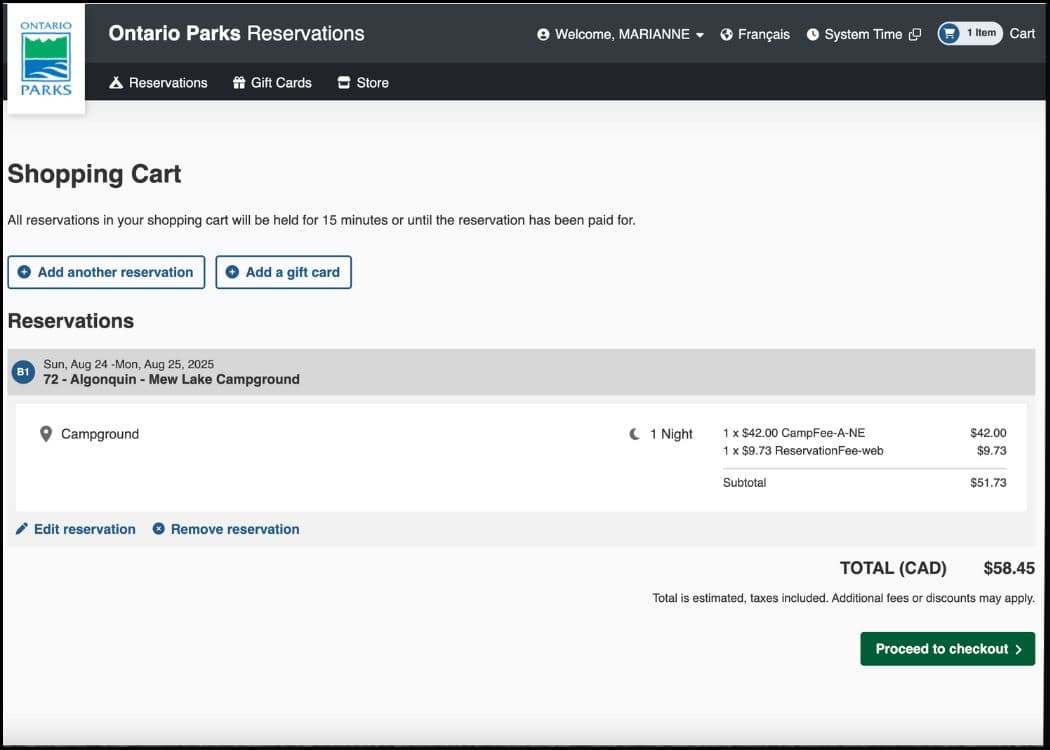 Ontario Provincial Parks - Shopping Cart