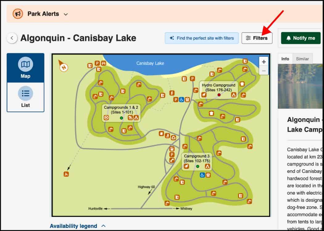 Ontario Provincial Parks - Showing Filters Button