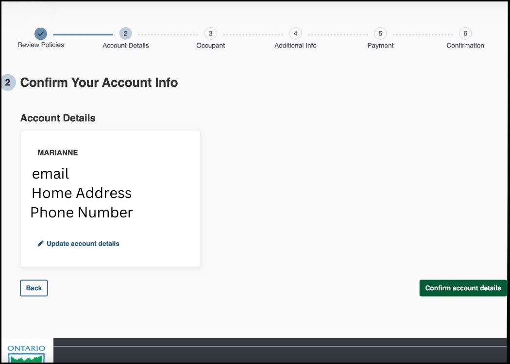 Ontario Provincial Parks - Step 2 Confirm Account Info