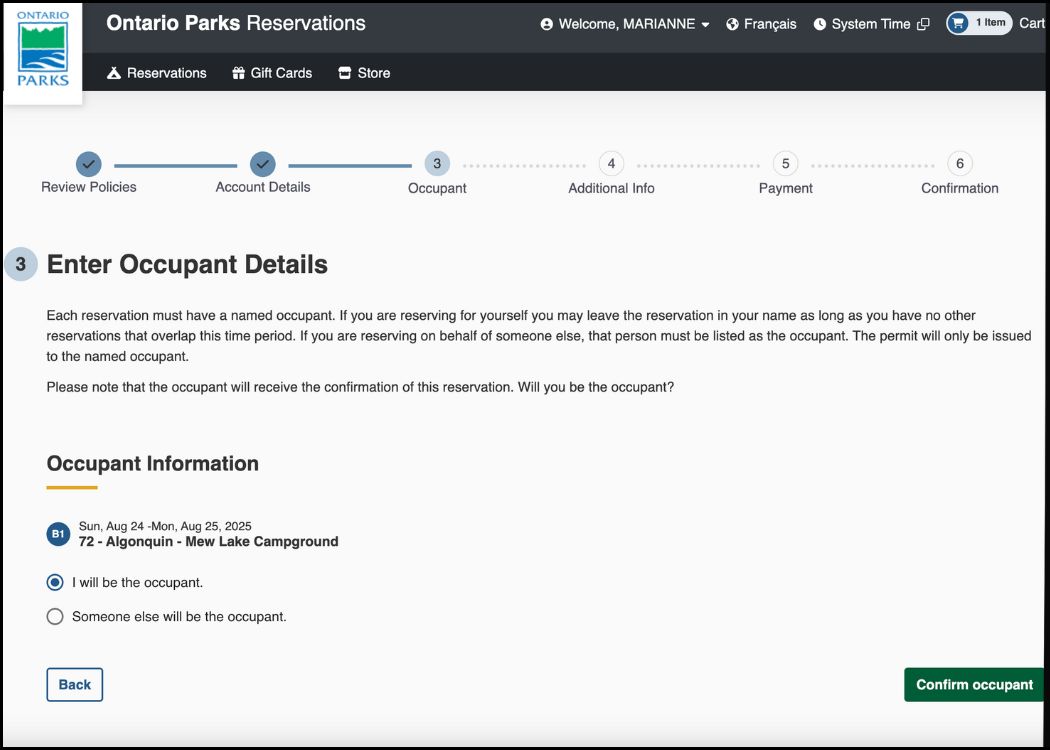Ontario Provincial Parks - Step 3 Occupant Details