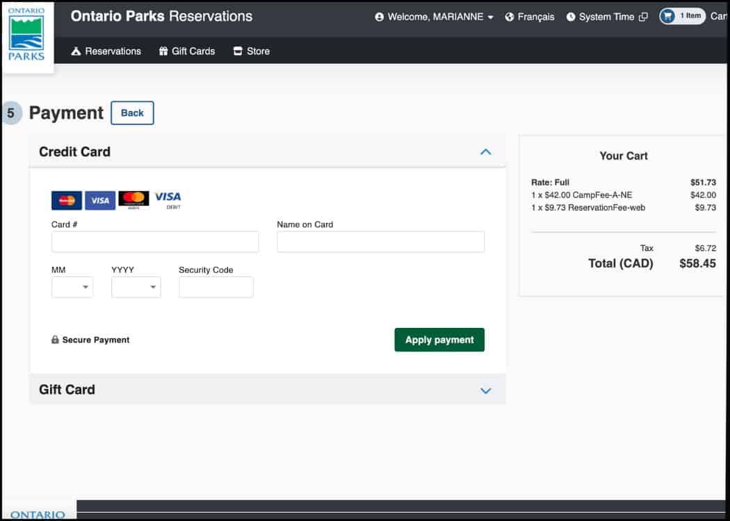 Ontario Provincial Parks - Step 5 Payment