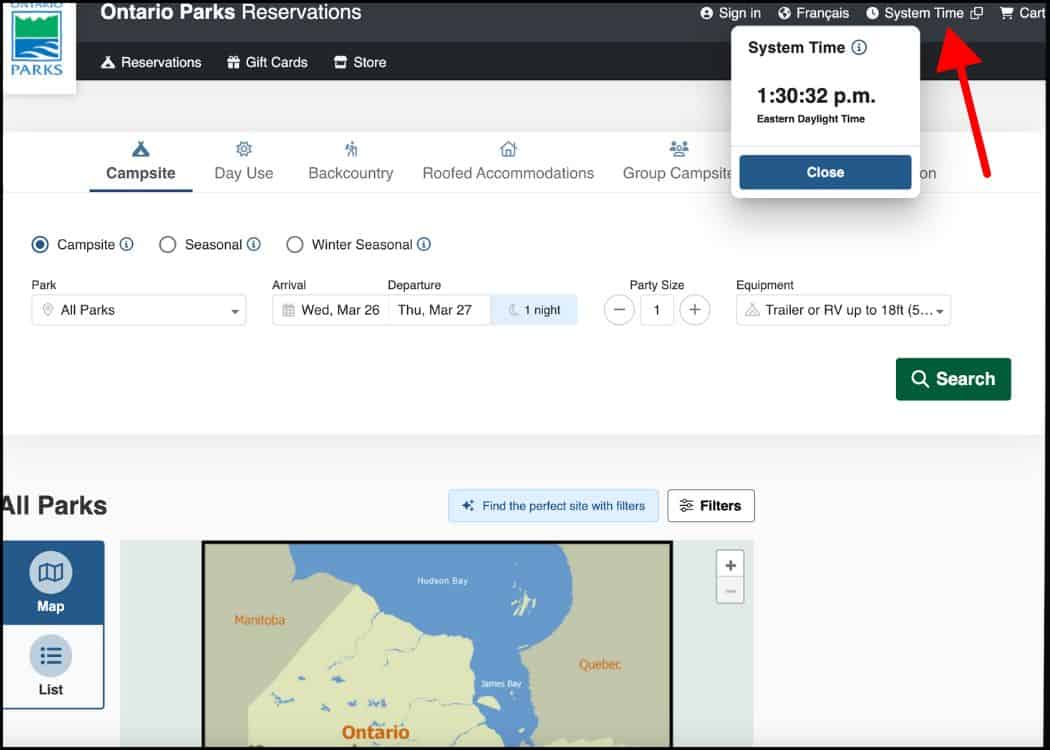 Ontario Provincial Parks - System Time