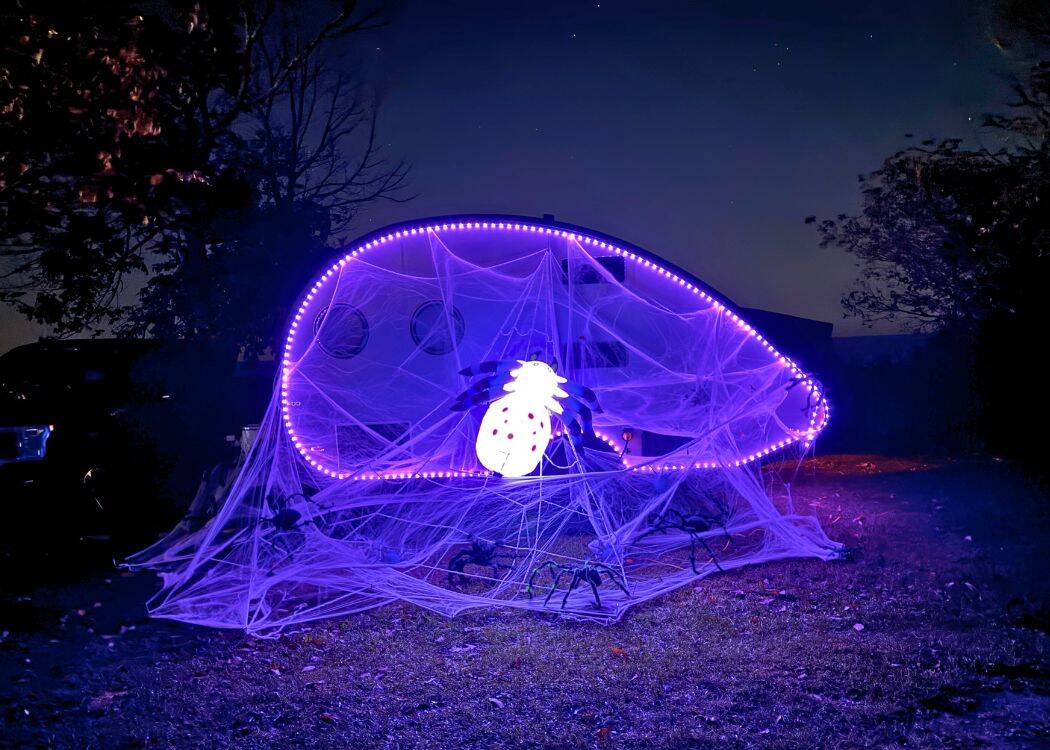 Ontario Parks Halloween - TAB 400 decorated with Spider and web after dark