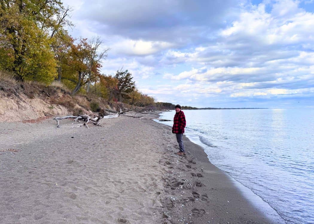 Wheatley Provincial Park - John walking on the beach with calm lake