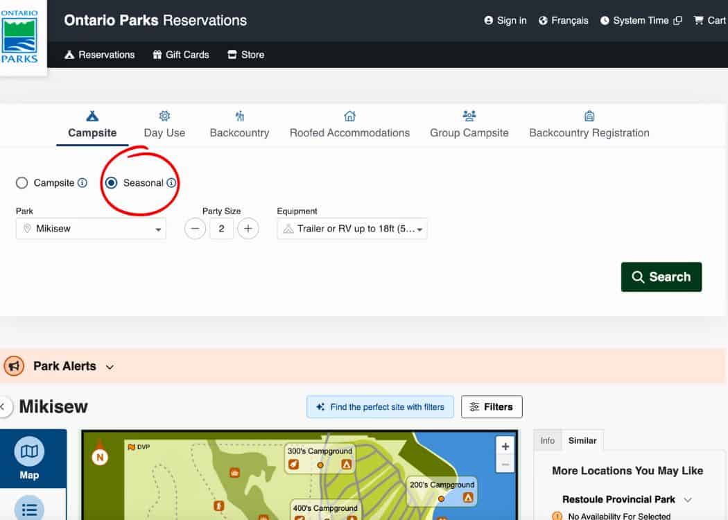 Mikisew Provincial Park - Seasonal tab on reservation site