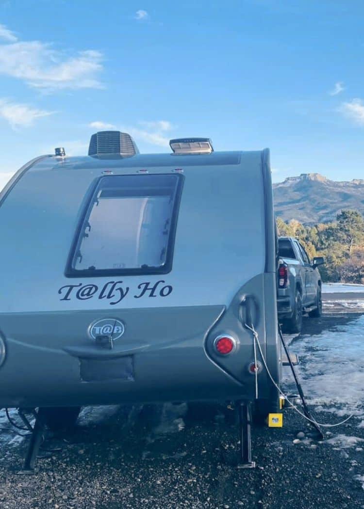 Winter Camping in a Teardrop - TAB 400 with mountains in the background