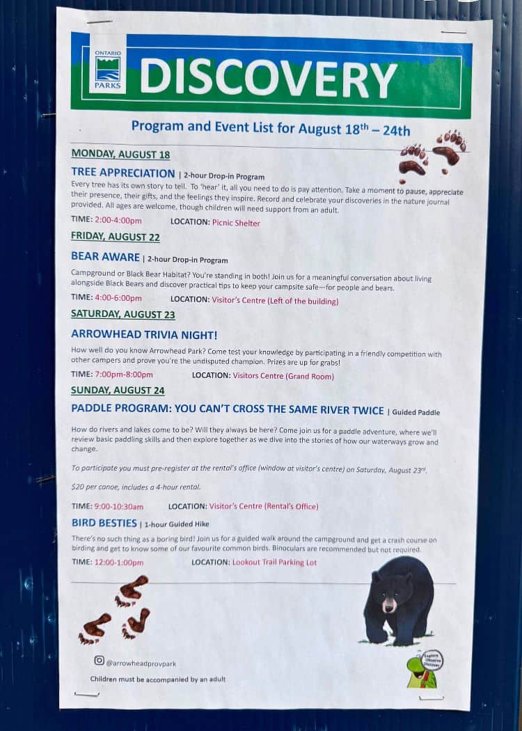 Arrowhead Provincial Park - Discovery Program list