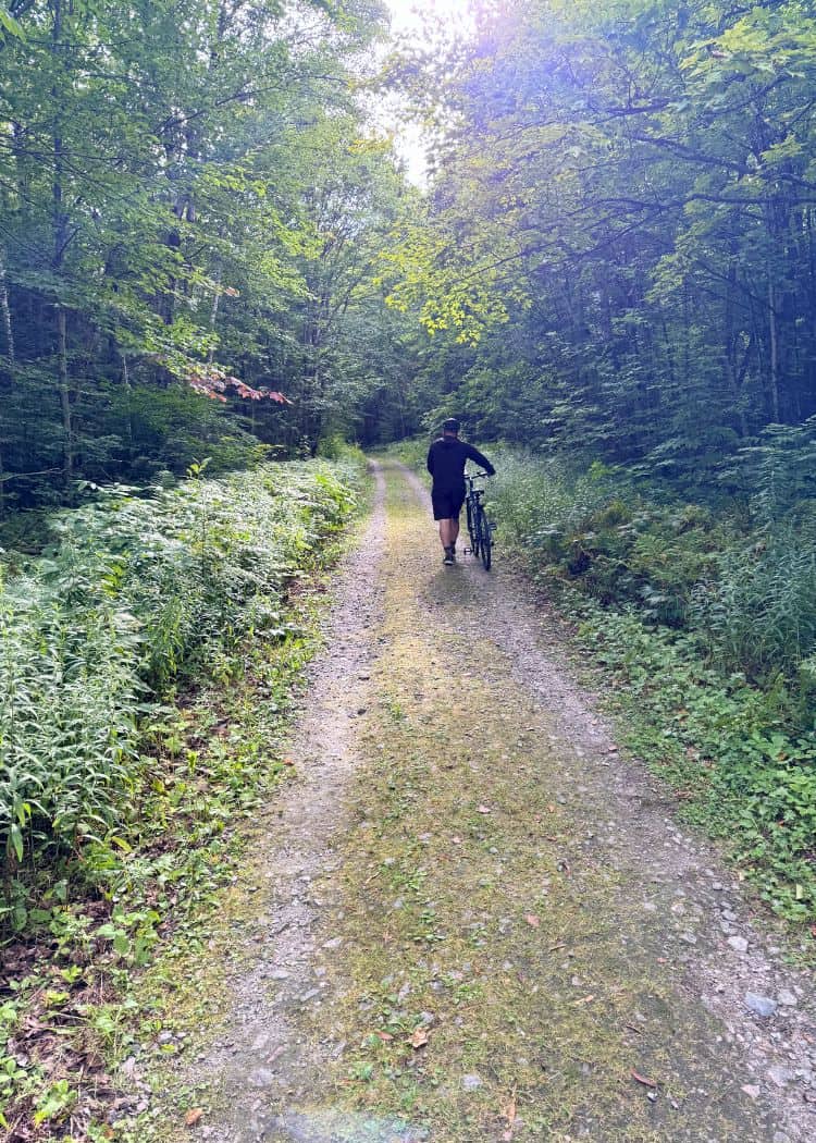 Grundy Lake Provincial Park - John walking his bike on Pakeshkag Lake Trail