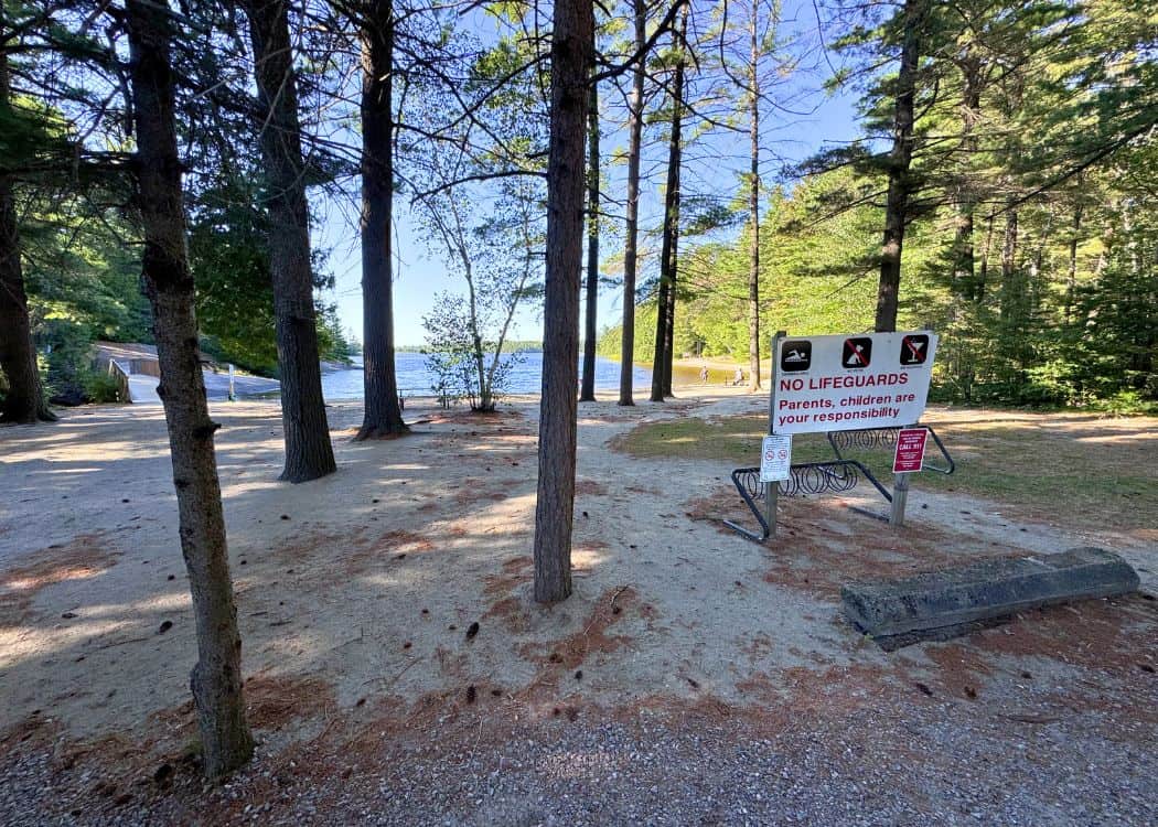 Grundy Lake Provincial Park - No Lifeguards Sign at Main Beach