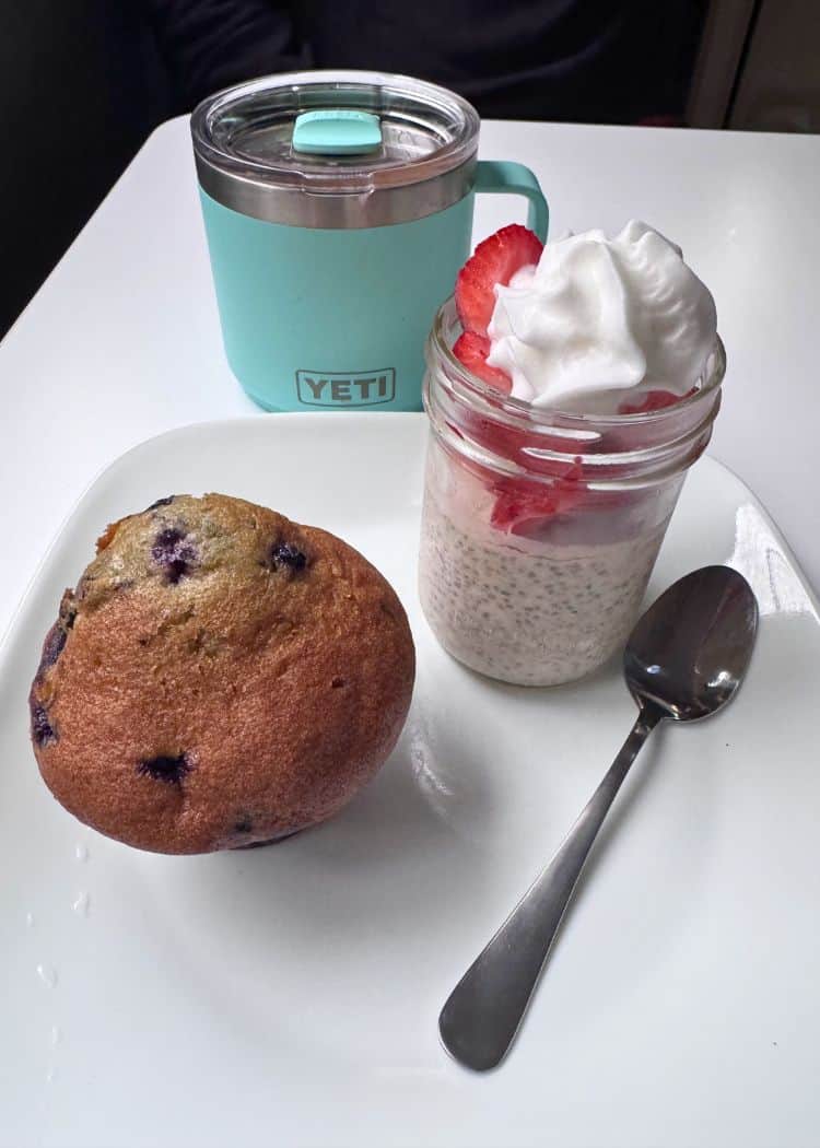What We Eat While Camping - Chia pudding with muffin and fruit