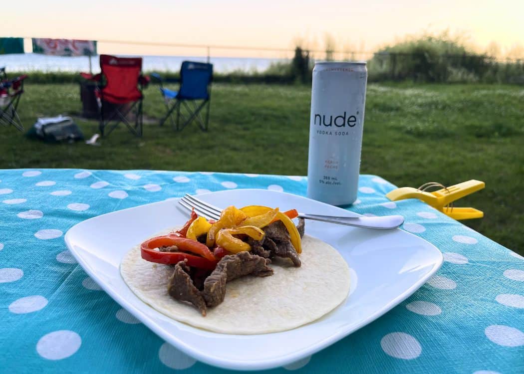What We Eat While Camping - Fajitas dinner at sunset in the campground