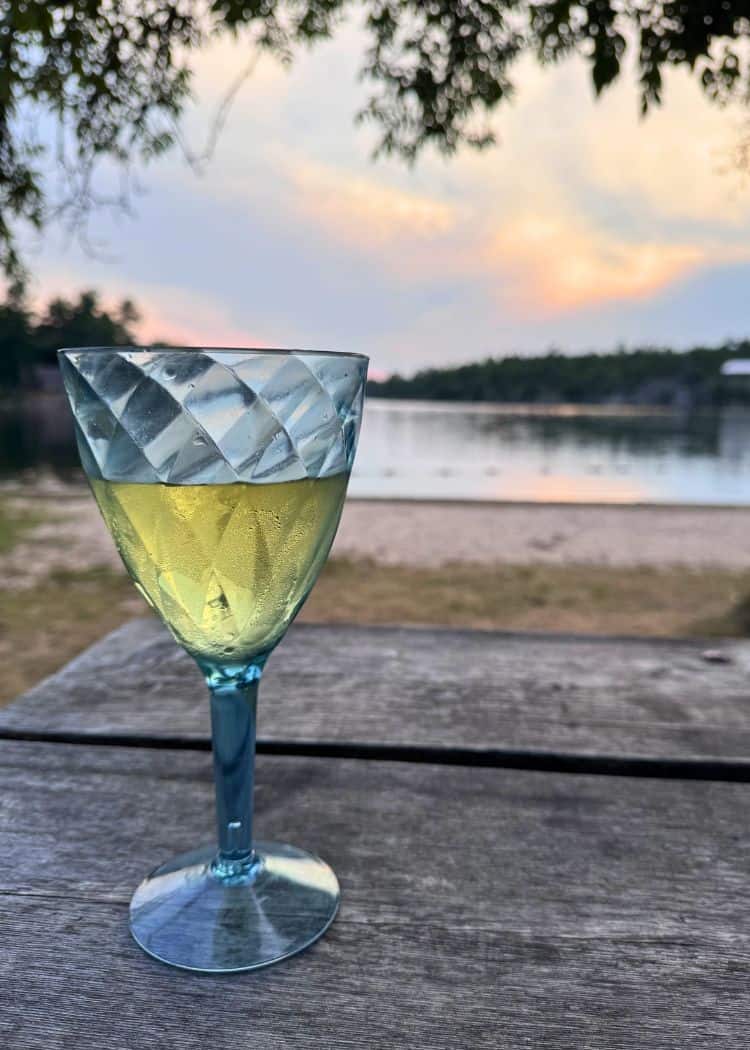Wine glass on a picnic table at the beach